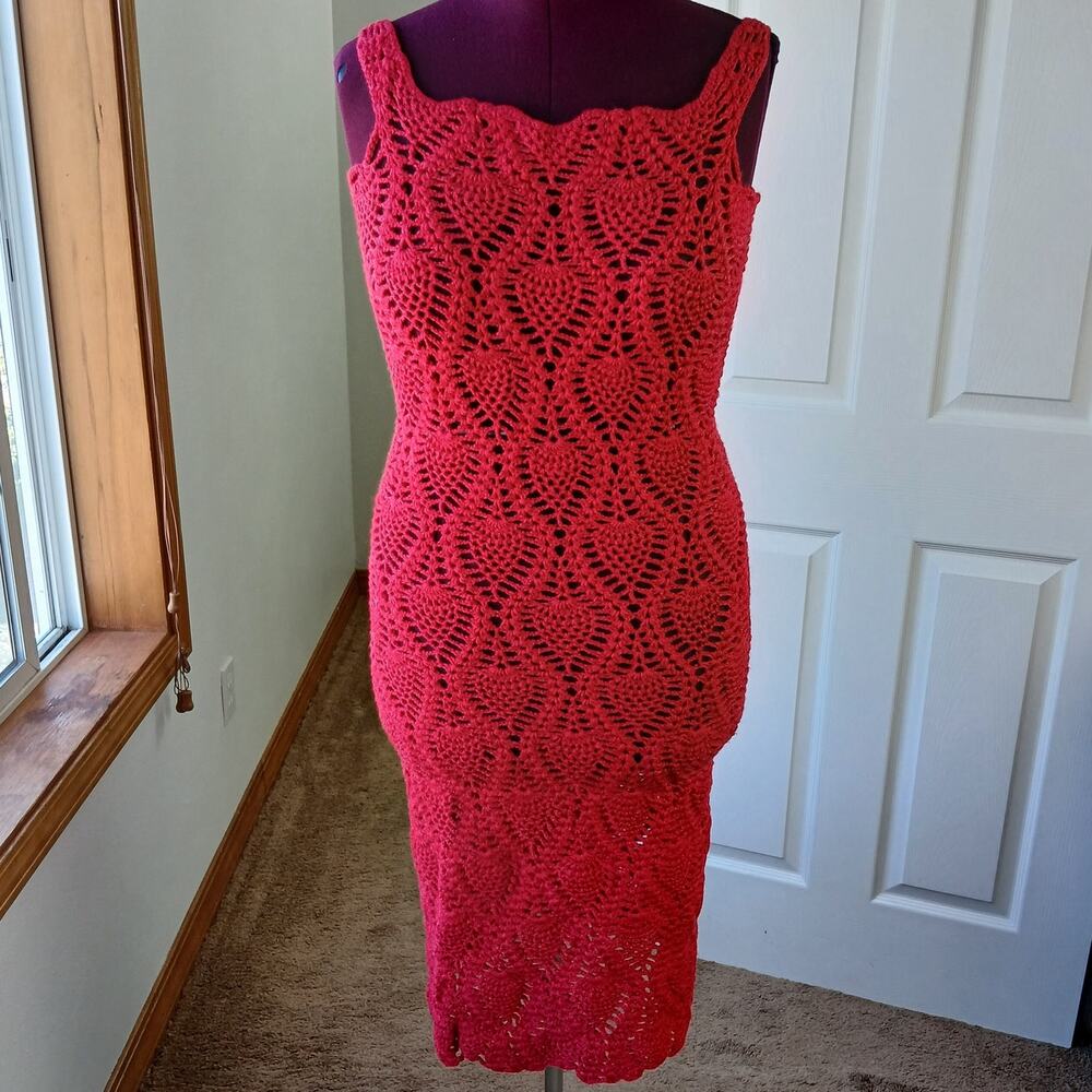Hand Crafted Red Crochet Lace Gown M L XL 2X bodycon midi tube dress swim cover - Picture 6 of 11